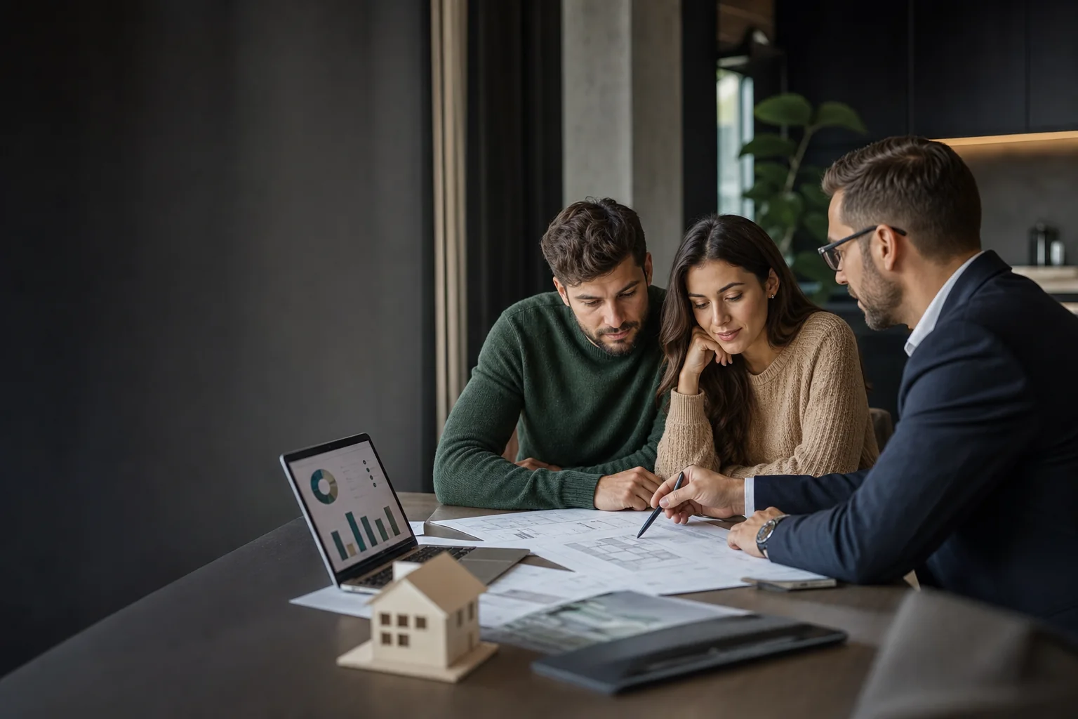 Cuplu care compară opțiunile de credit ipotecar împreună cu un consultant